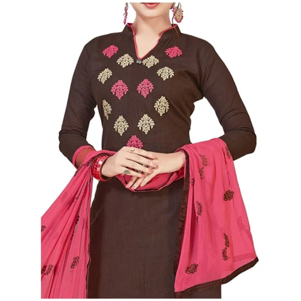 Generic Women's Slub Cotton Unstitched Salwar-Suit Material With Dupatta (Brown, 2 Mtr) - Image 2