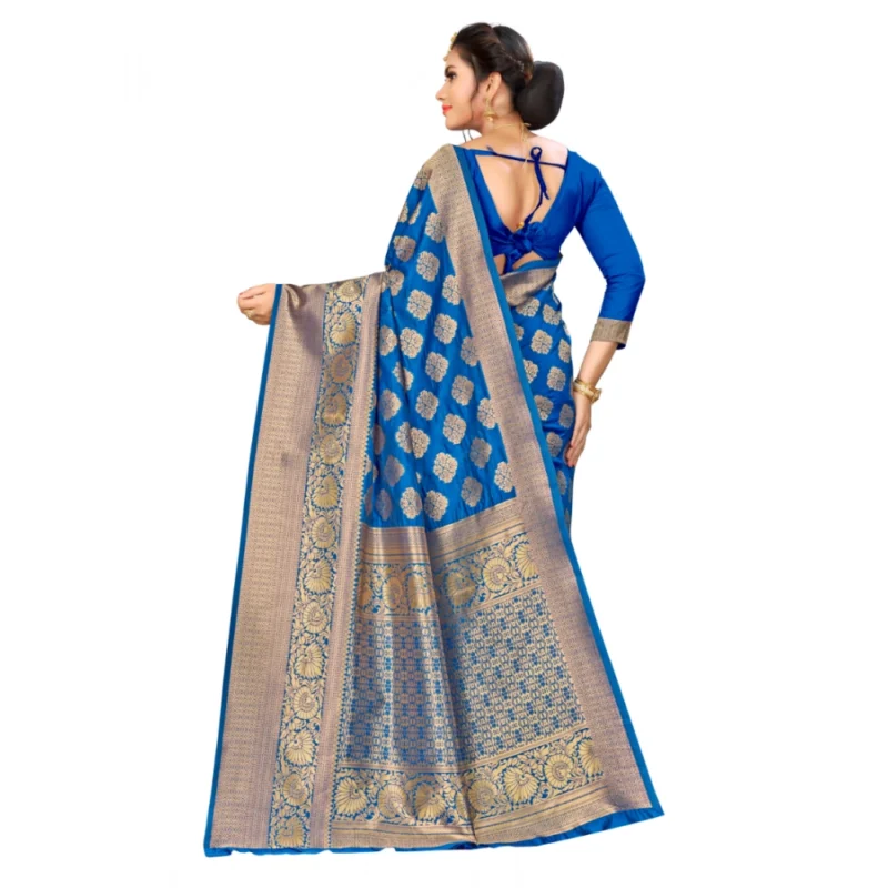 Alternative view of Women's Banarasi silk Saree with Blouse (Blue, 5-6mtr)