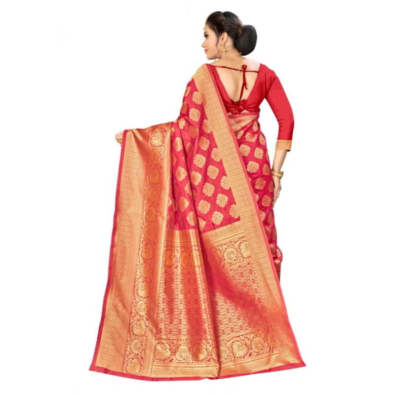 Alternative view of Women's Banarasi silk Saree with Blouse (Red, 5-6mtr)