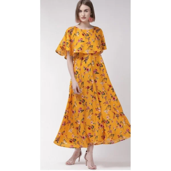 Generic Women's Crepe Floral Half Sleeves Full Length Gown(Yellow) - Image 6