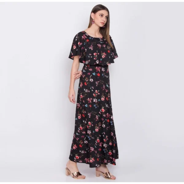 Generic Women's Crepe Floral Half Sleeves Full Length Gown(Black) - Image 3