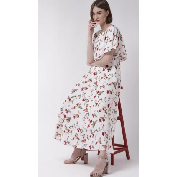 Generic Women's Crepe Floral Half Sleeves Full Length Gown(White) - Image 5
