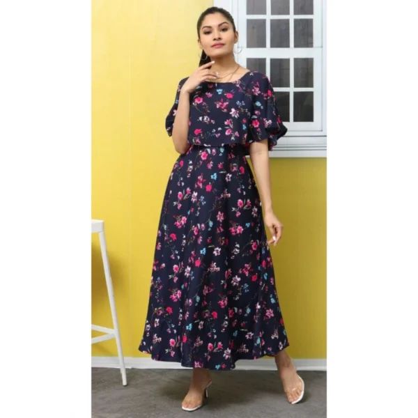 Generic Women's Crepe Floral Half Sleeves Full Length Gown(Dark Blue) - Image 3