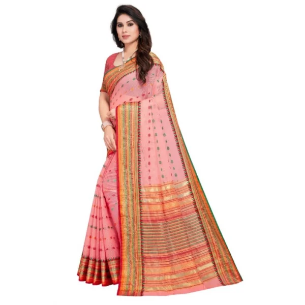 Women's Kota Doria Cotton Woven Butta Saree With Blouse (Pink, 5-6 Mtrs) - Image 2