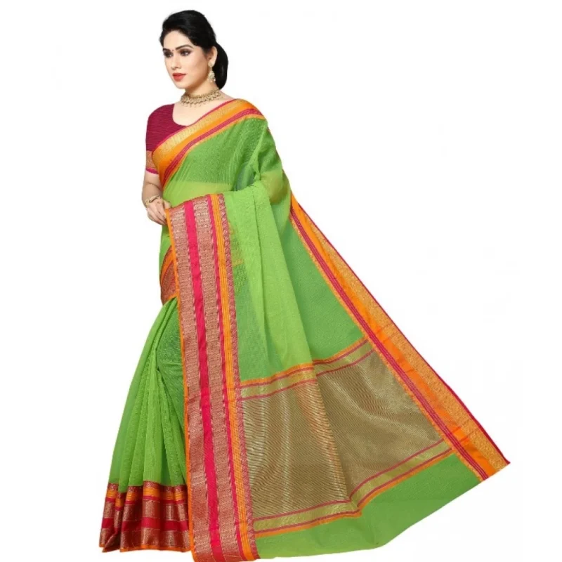 Alternative view of Women's Kota Doria Cotton Border Saree With Blouse (Light Green, 5-6 Mtrs)