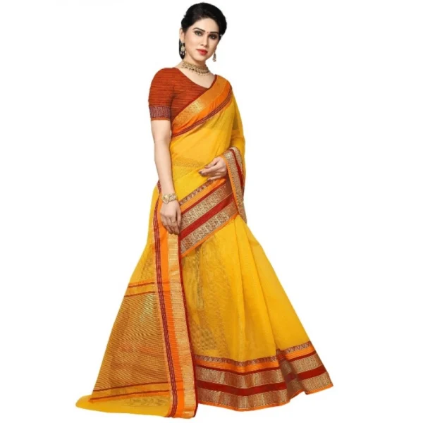 Generic Women's Kota Doria Cotton Border Saree With Blouse (Yellow, 5-6 Mtrs) - Image 3