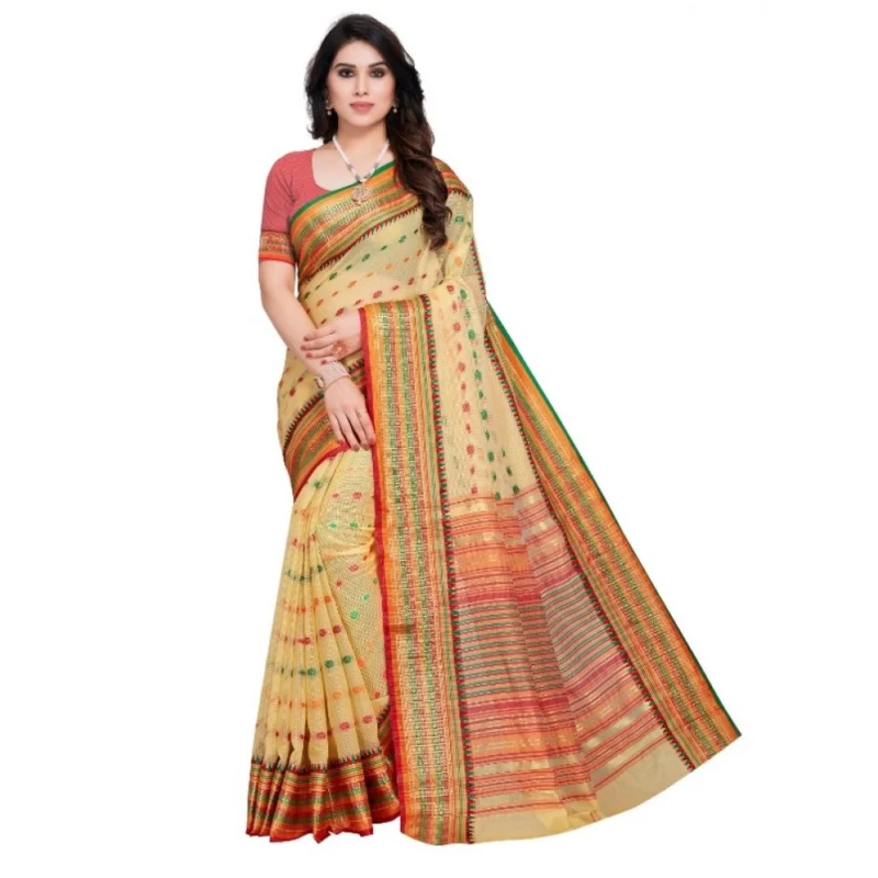 Women's Kota Doria Cotton Woven Butta Saree With Blouse (Beige, 5-6 Mtrs)