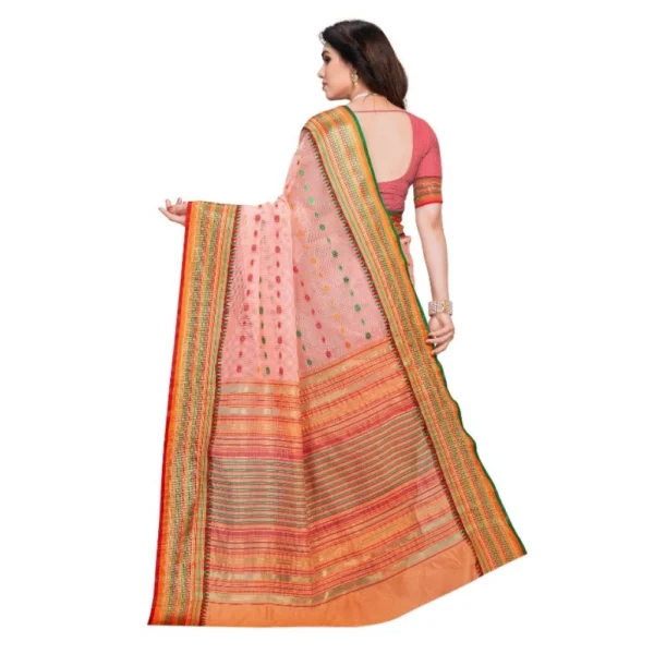 Women's Kota Doria Cotton Woven Butta Saree With Blouse (Peach, 5-6 Mtrs) - Image 3
