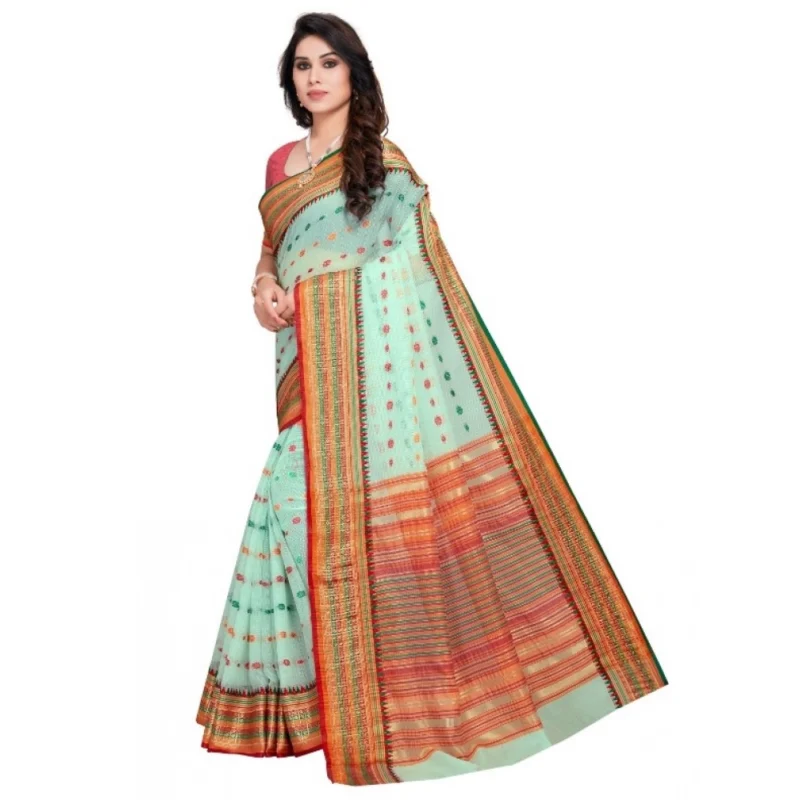 Alternative view of Women's Kota Doria Cotton Woven Butta Saree With Blouse (Pista, 5-6 Mtrs)