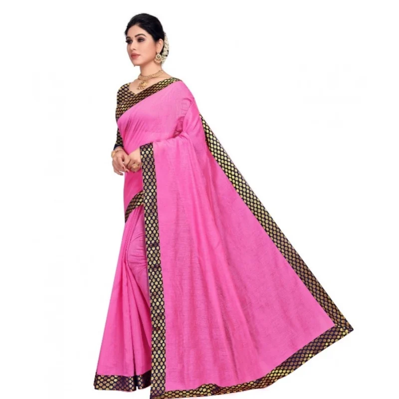 Alternative view of Women's Chanderi Cotton Lace Border Saree With Blouse (Pink, 5-6 Mtrs)