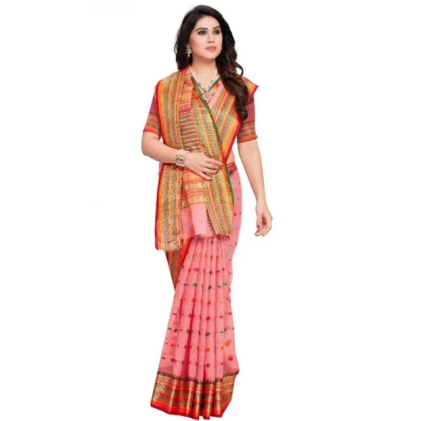Women's Kota Doria Cotton Woven Butta Saree With Blouse (Pink, 5-6 Mtrs) - Image 4