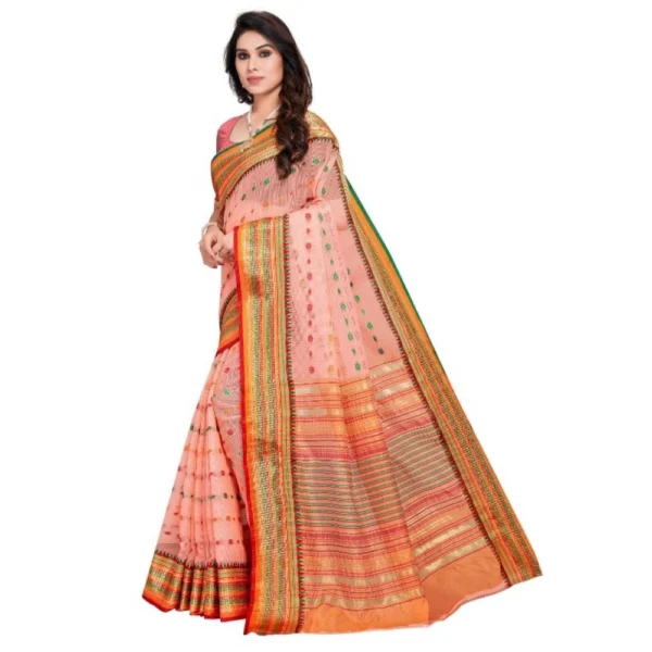 Women's Kota Doria Cotton Woven Butta Saree With Blouse (Peach, 5-6 Mtrs) - Image 2