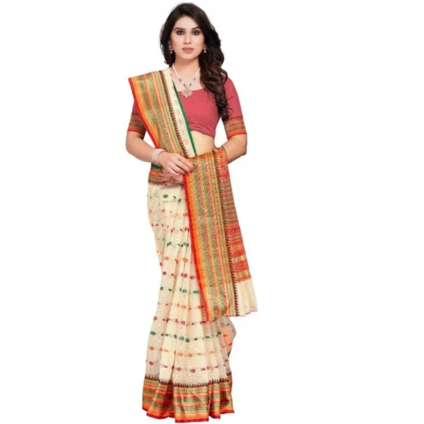 Generic Women's Kota Doria Cotton Woven Butta Saree With Blouse (Cream, 5-6 Mtrs) - Image 4