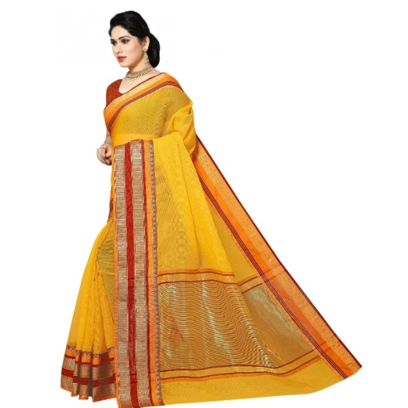 Alternative view of Women's Kota Doria Cotton Border Saree With Blouse (Yellow, 5-6 Mtrs)
