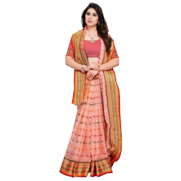 Women's Kota Doria Cotton Woven Butta Saree With Blouse (Peach, 5-6 Mtrs) - Image 4