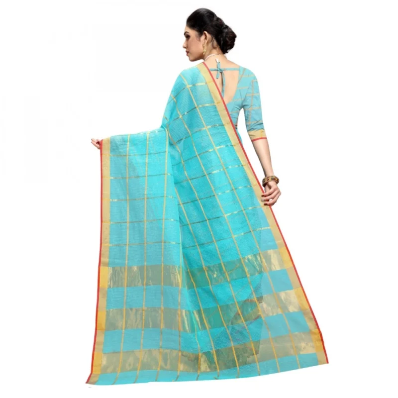 Alternative view of Women's Kota Doria Cotton Checked Saree With Blouse (Sky Blue, 5-6 Mtrs)