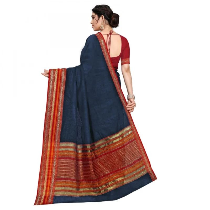 Alternative view of Women's Kota Doria Cotton Bordered Saree With Blouse (Navy Blue, 5-6 Mtrs)