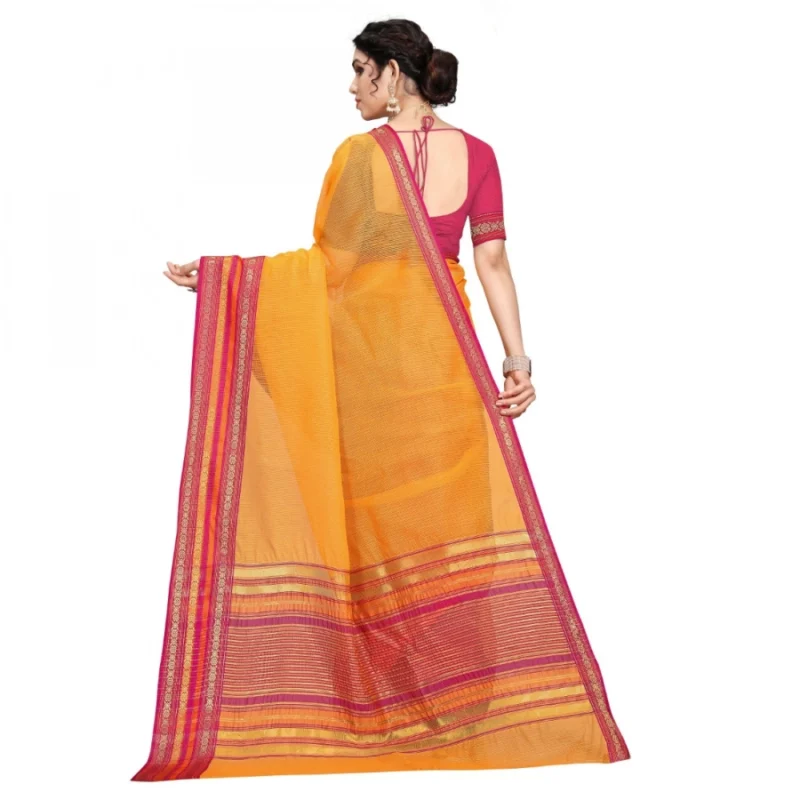 Alternative view of Women's Kota Doria Cotton Bordered Saree With Blouse (Gold, 5-6 Mtrs)