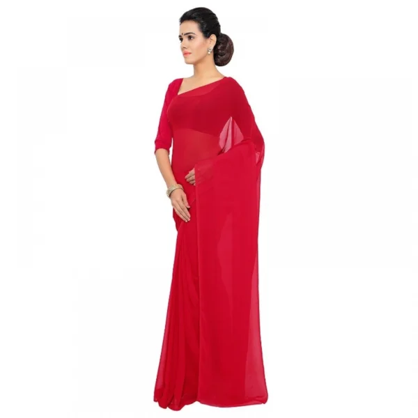 Women's Georgette Plain Saree With Blouse (Red, 5-6 Mtrs) - Image 2