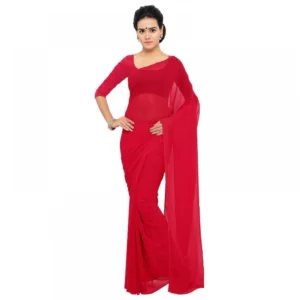 Women's Georgette Plain Saree With Blouse (Red, 5-6 Mtrs)