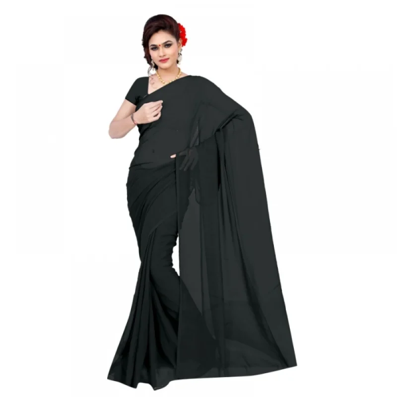 Alternative view of Women's Georgette Plain Saree With Blouse (Black, 5-6 Mtrs)