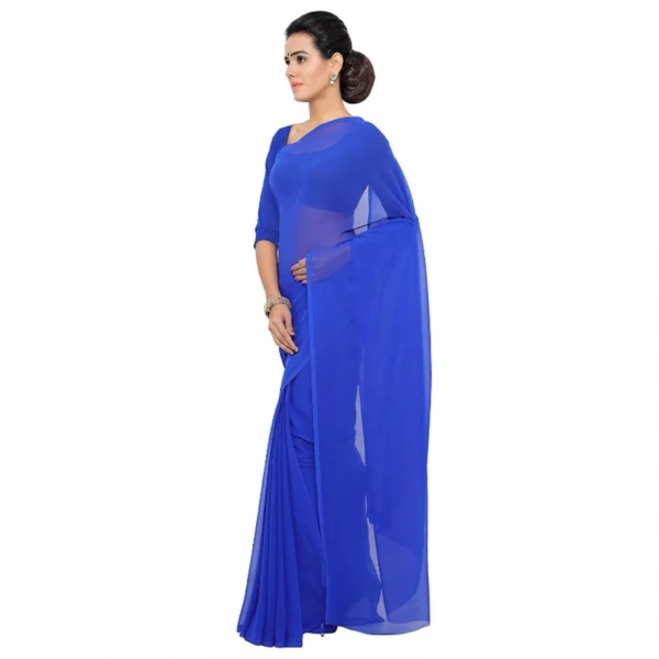 Generic Women's Georgette Plain Saree With Blouse (Royal Blue, 5-6 Mtrs) - Image 3