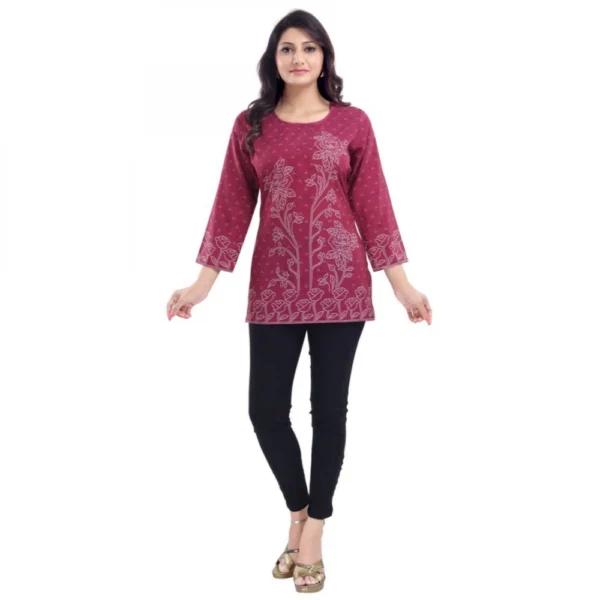 Generic Women's Quarter Sleeve Faux Crepe Printed Short Kurti Tunic Top (Color:Magenta) - Image 5