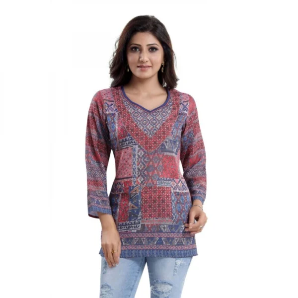 Generic Women's Quarter Sleeve Faux Crepe Printed Short Kurti Tunic Top (Color:Multicolor) - Image 6
