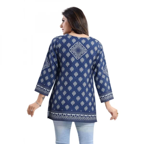 Women's Quarter Sleeve Faux Crepe Printed Short Kurti Tunic Top (Color:Blue) - Image 2