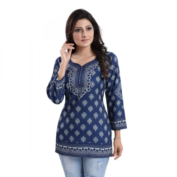 Women's Quarter Sleeve Faux Crepe Printed Short Kurti Tunic Top (Color:Blue) - Image 4