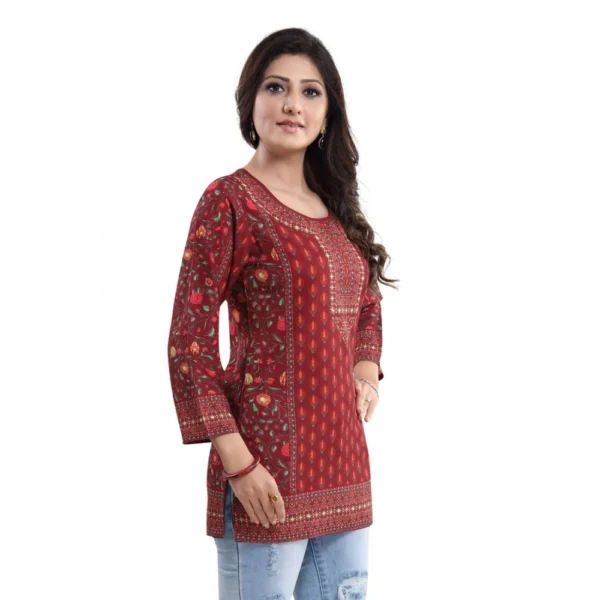 Generic Women's Quarter Sleeve Faux Crepe Printed Short Kurti Tunic Top (Color:Red) - Image 5