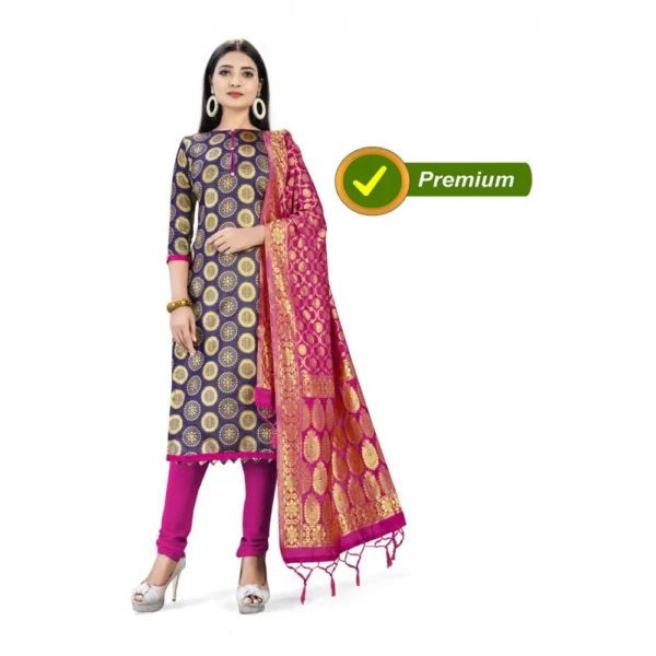 Banarasi Silk Unstitched Salwar-Suit Material Premium Quality With Dupatta (Color: Navy Blue) - Image 6