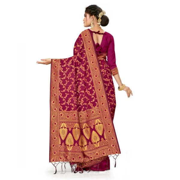 Women's Banarasi Silk Saree With Blouse (Wine, 5-6Mtrs) - Image 2