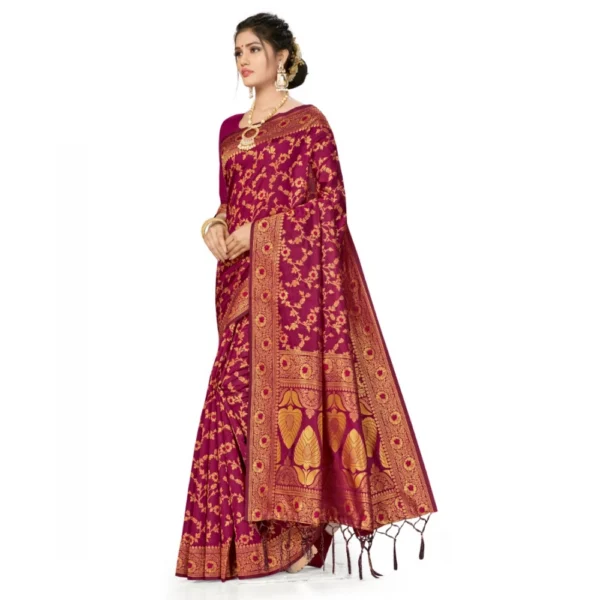 Women's Banarasi Silk Saree With Blouse (Wine, 5-6Mtrs) - Image 3