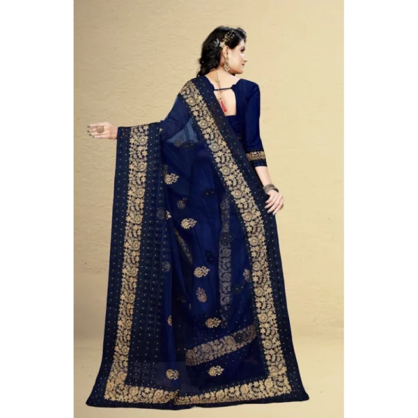 Generic Women's Net Saree With Blouse (Navy Blue, 5-6Mtrs) - Image 2