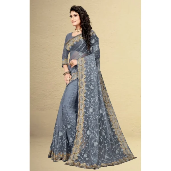 Generic Women's Net Saree With Blouse (Grey, 5-6Mtrs) - Image 4
