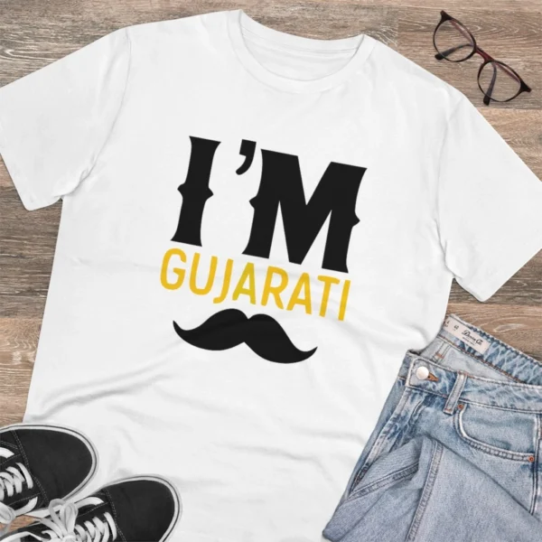 Men's PC Cotton I Am Gujarati Printed T Shirt (Color: White, Thread Count: 180GSM) - Image 4