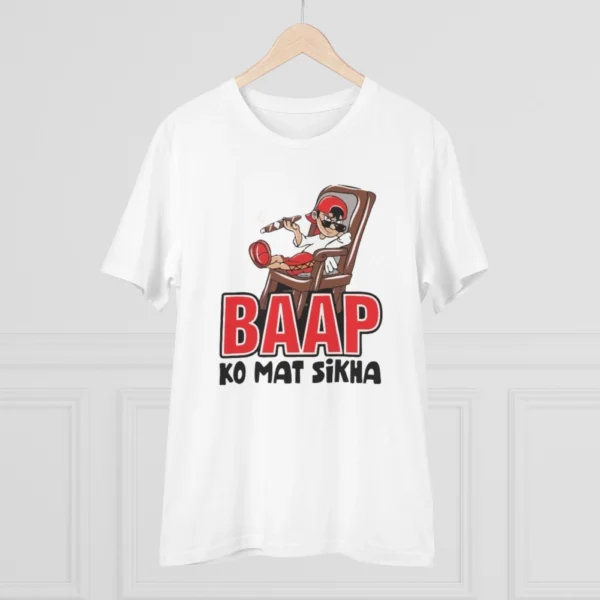 Men's PC Cotton Baap Ko Mat Sikha Printed T Shirt (Color: White, Thread Count: 180GSM) - Image 3