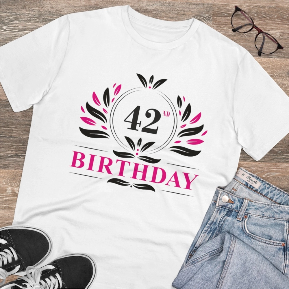 Men's PC Cotton 42nd Birthday Printed T Shirt (Color: White, Thread Count: 180GSM) - Image 4