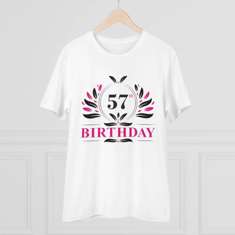 Men's PC Cotton 57th Birthday Printed T Shirt (Color: White, Thread Count: 180GSM) - Image 5