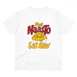 Men's PC Cotton Bhai Nasto Lai Aav Printed T Shirt (Color: White, Thread Count: 180GSM)