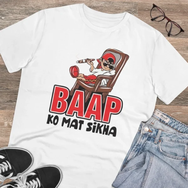 Men's PC Cotton Baap Ko Mat Sikha Printed T Shirt (Color: White, Thread Count: 180GSM) - Image 4
