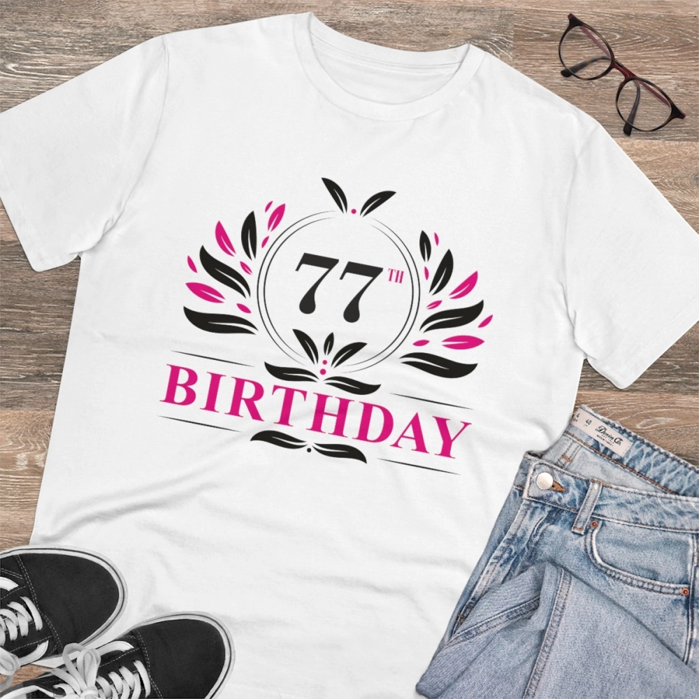 Men's PC Cotton 77th Birthday Printed T Shirt (Color: White, Thread Count: 180GSM) - Image 2