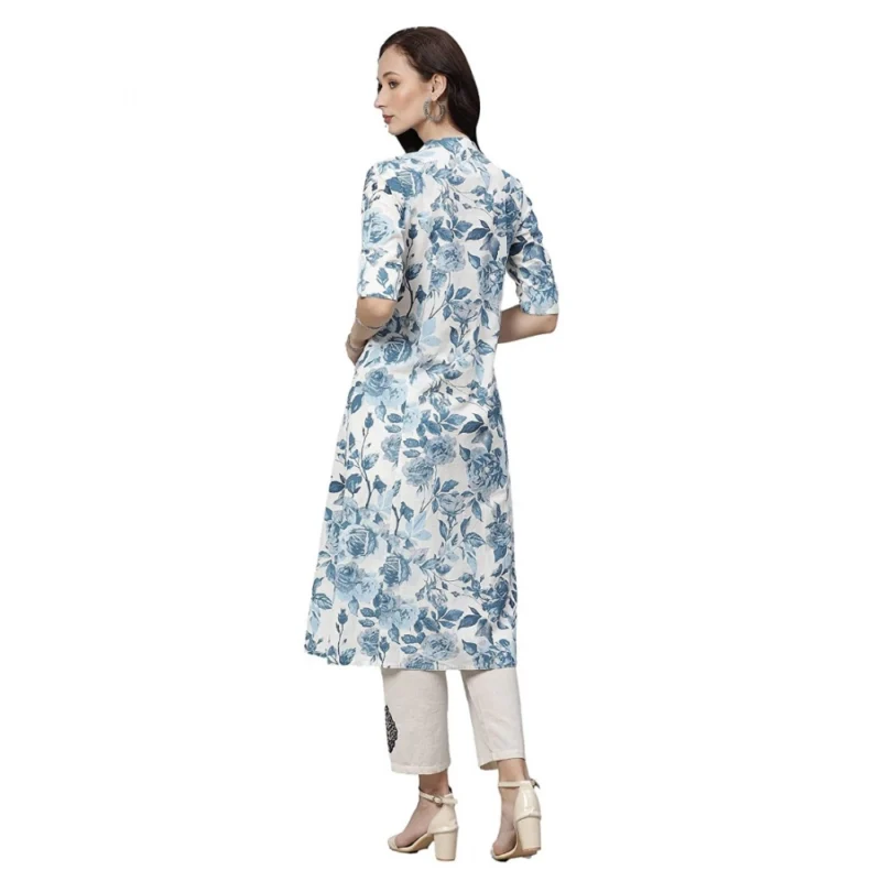 Alternative view of Women's Cotton Printed Floral Print Kurti (White, Blue, Cotton)