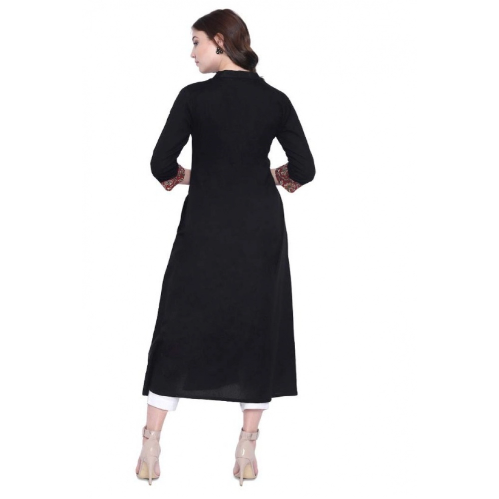 Women's Khadi Printed A Line Kurti (Black, Khadi) - Image 3