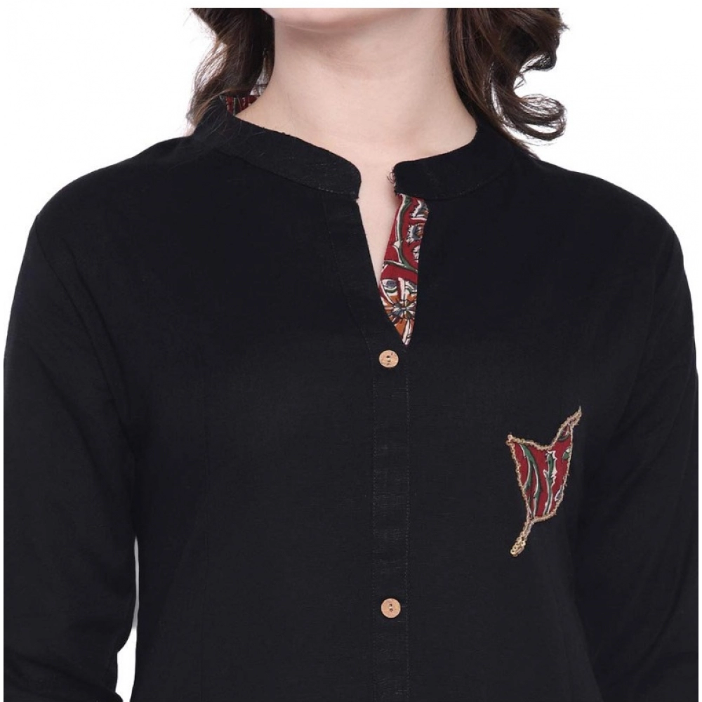 Women's Khadi Printed A Line Kurti (Black, Khadi) - Image 2