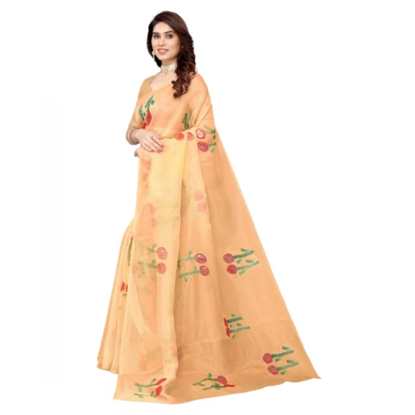 Generic Women's Organza Floral Pattern Sarees (Orange, 5-6 Mtrs) - Image 4