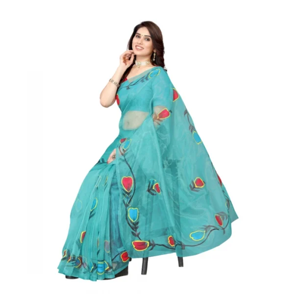 Generic Women's Organza Floral Pattern Sarees (Rama, 5-6 Mtrs) - Image 2
