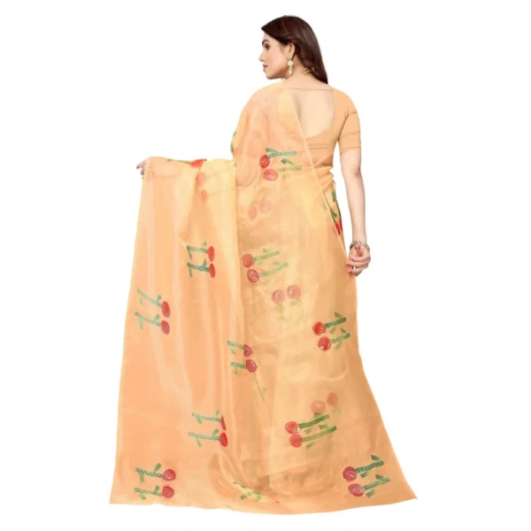 Generic Women's Organza Floral Pattern Sarees (Orange, 5-6 Mtrs) - Image 3