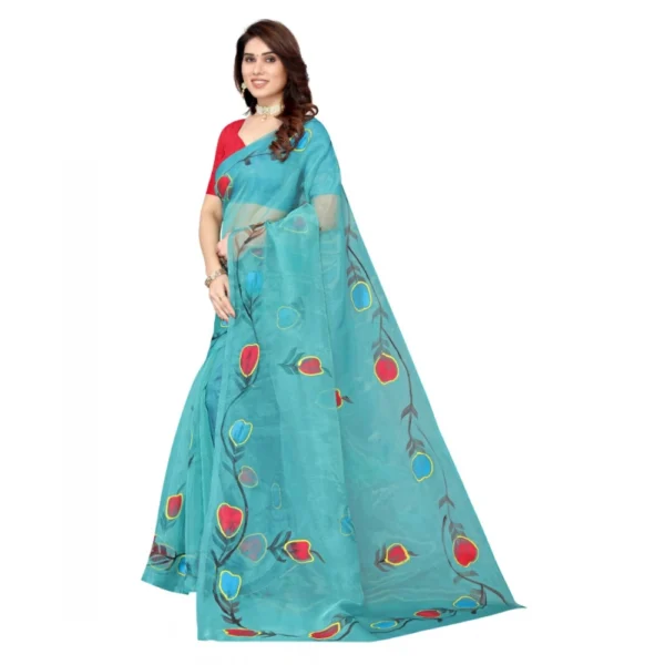 Generic Women's Organza Floral Pattern Sarees (Rama, 5-6 Mtrs) - Image 4